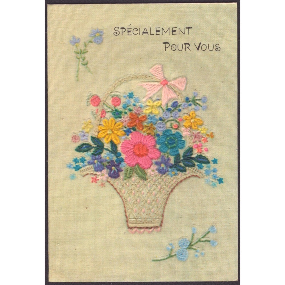 Vintage Hallmark French Greeting Card Embroidered Floral Basket Ribbon